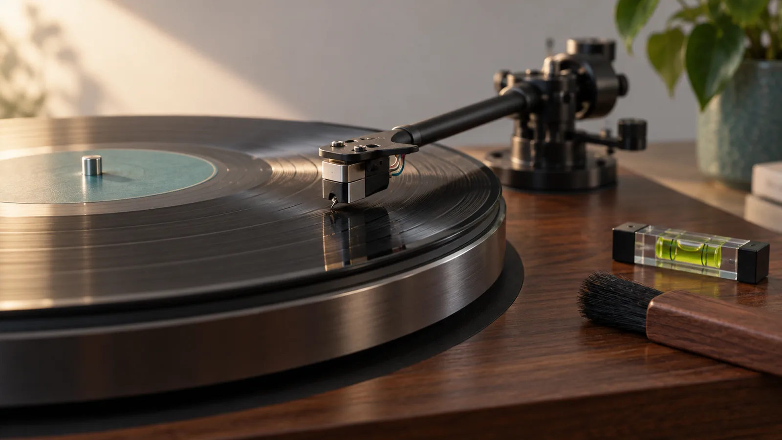 Turntable stylus playing a vinyl record beside a spirit level and stylus brush
