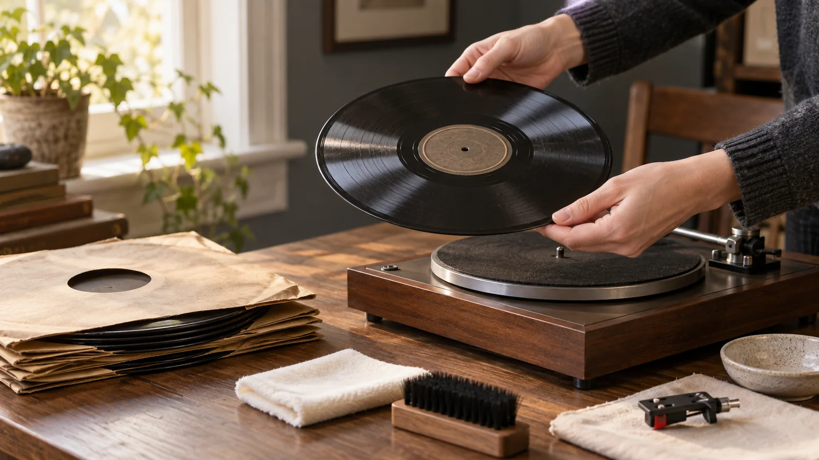 Collector holding a plain black shellac record by its edges beside a turntable