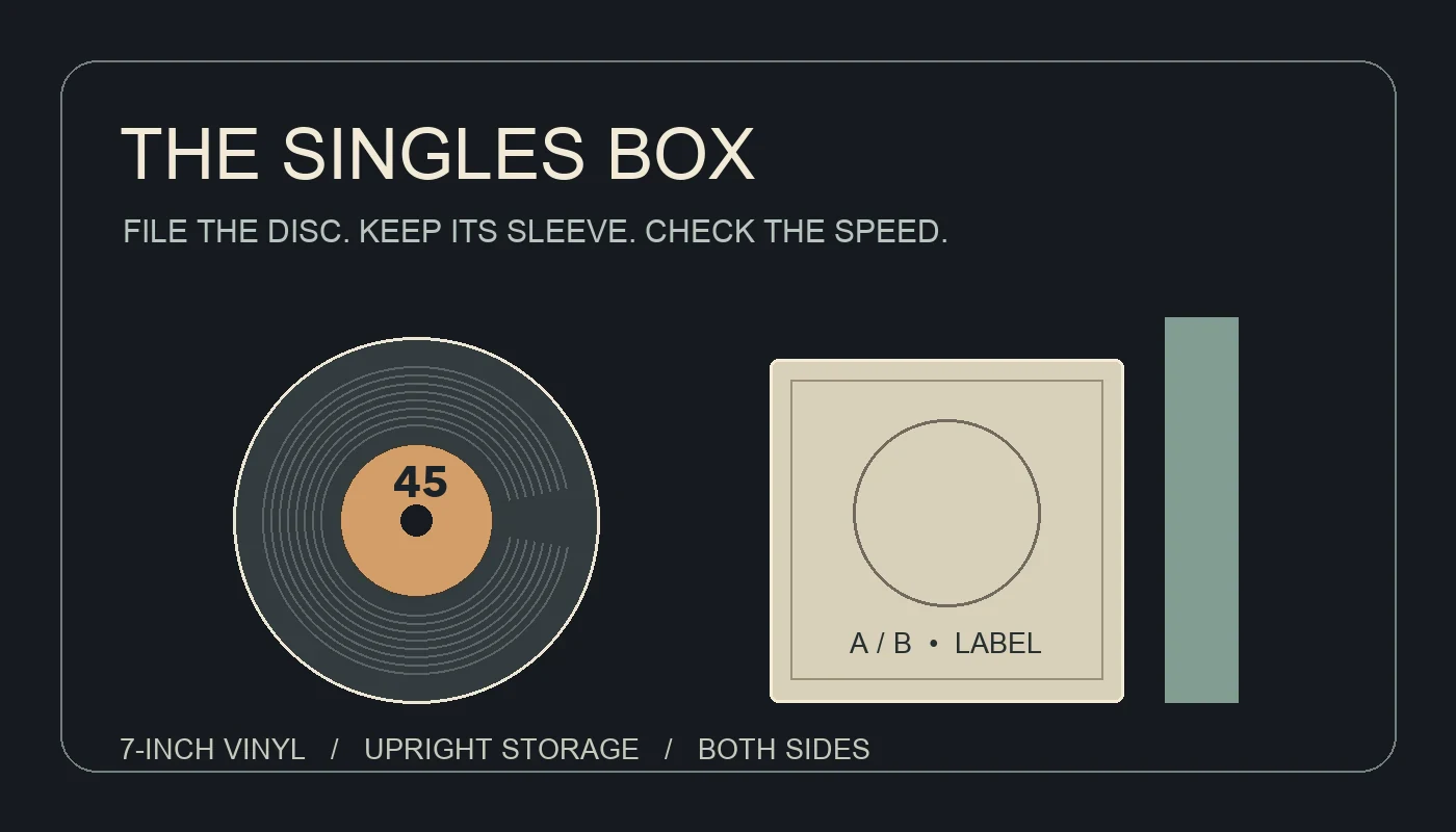 Illustrated seven-inch record, its sleeve, and an upright divider showing a filing system for singles