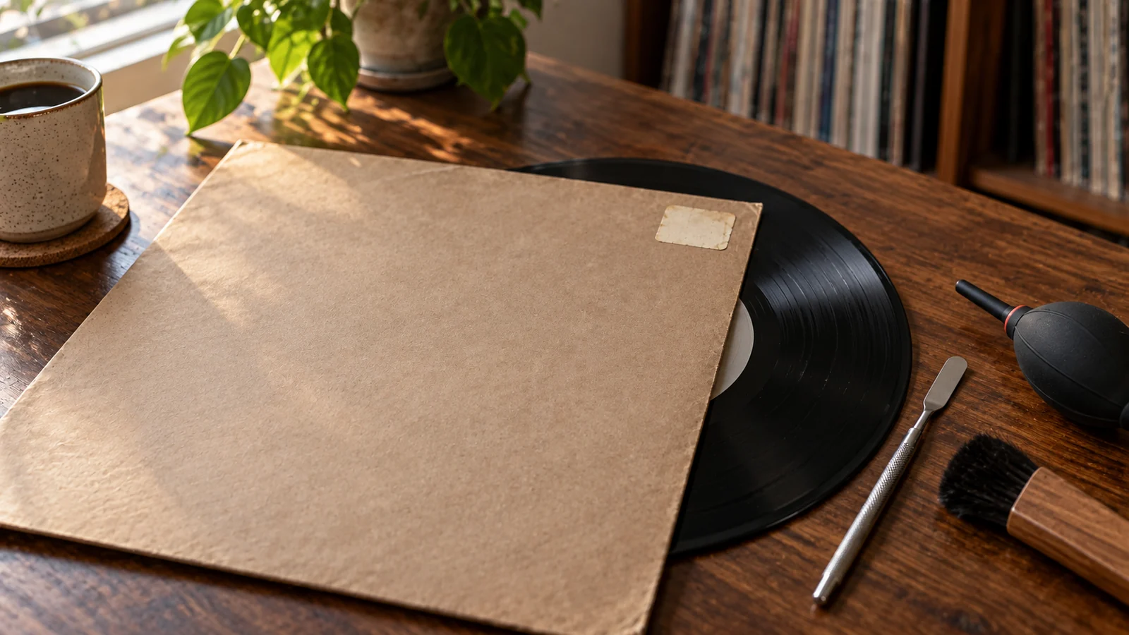 A blank record sleeve with an old price sticker beside paper-conservation tools on a wooden table