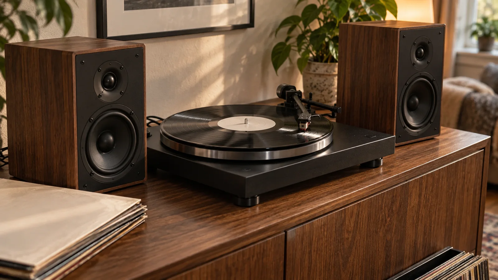 Turntable playing a vinyl record between two speakers on the same wooden sideboard