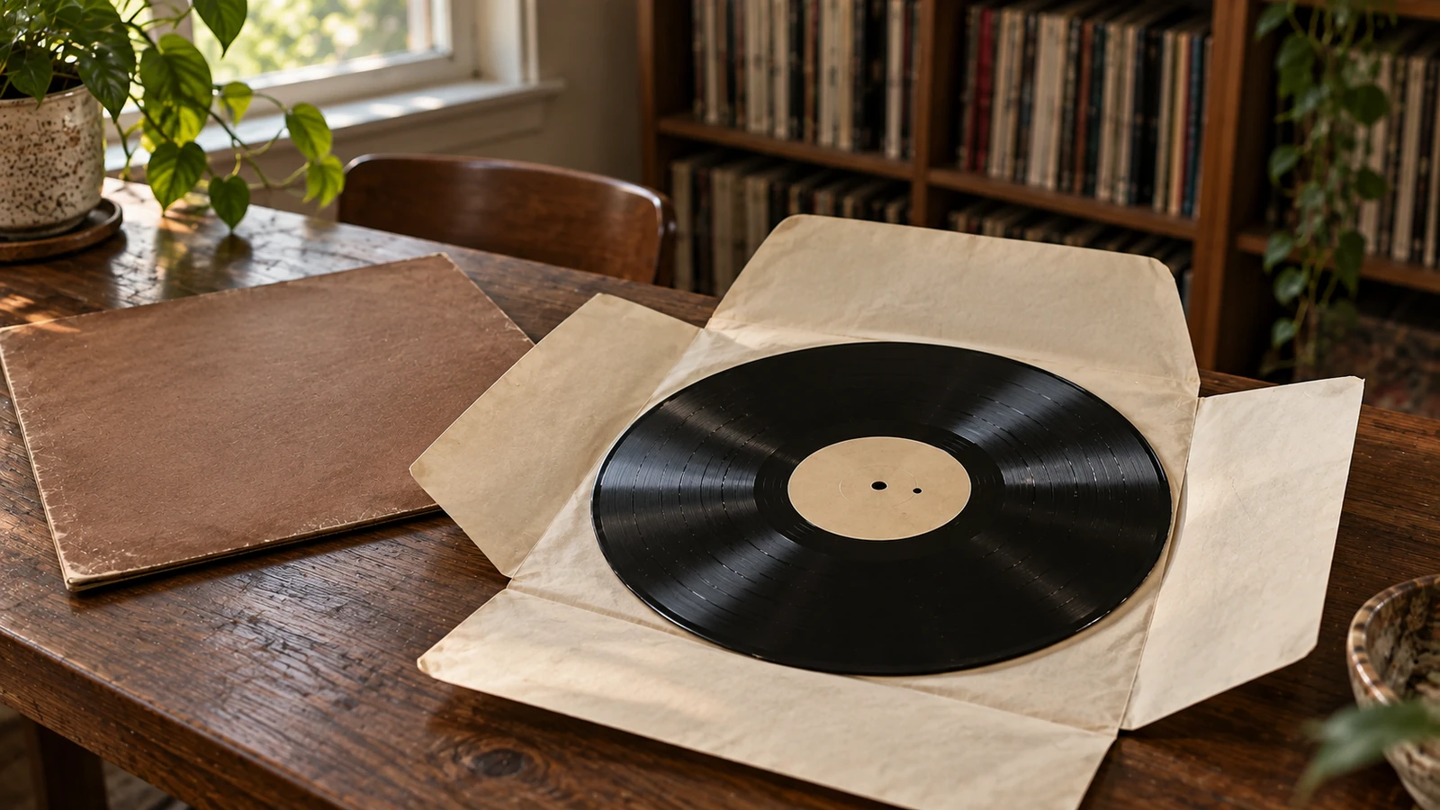 Black lacquer-style recording disc with a plain label and two small holes, resting in an open paper enclosure on a wooden table