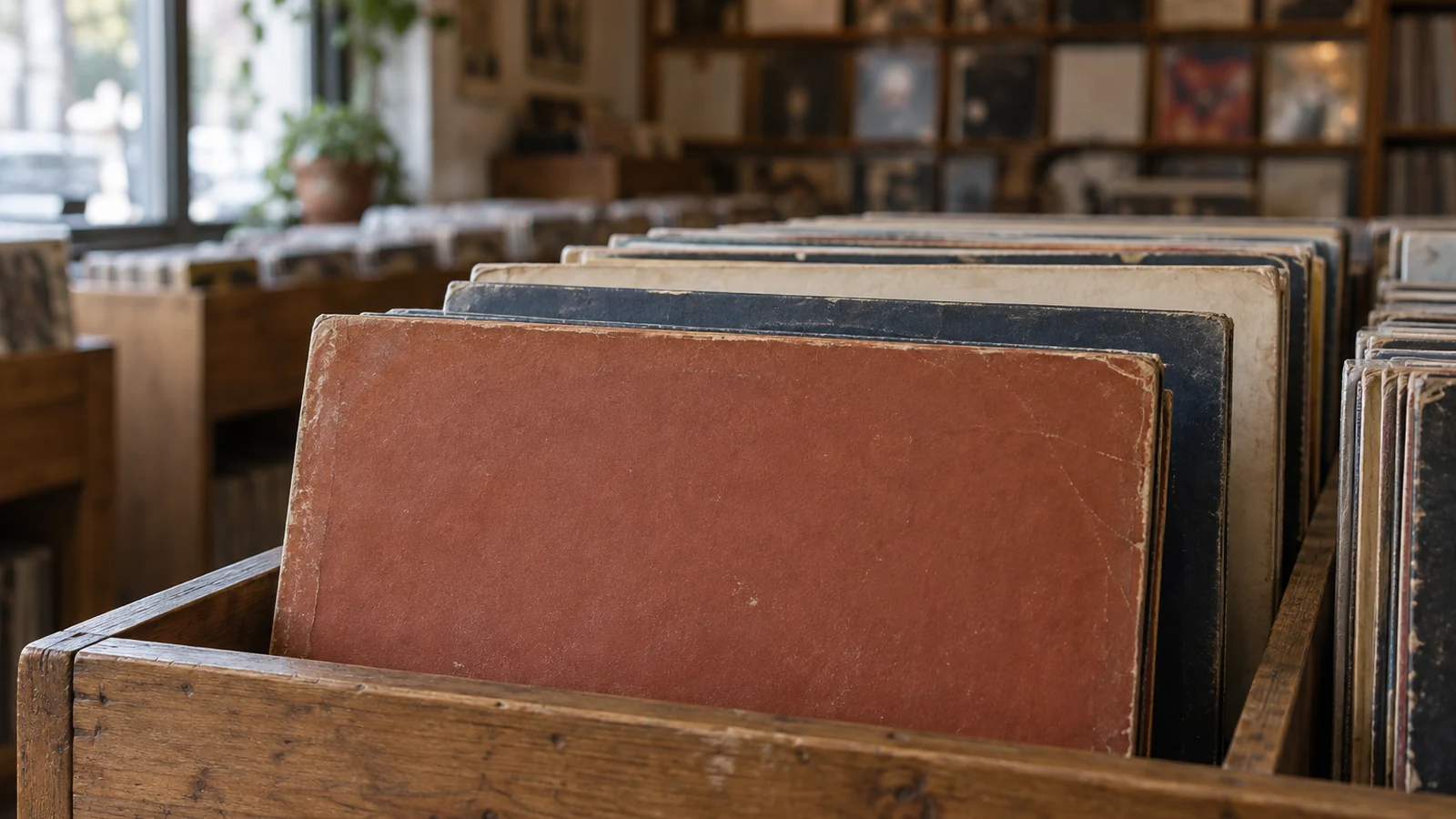 Worn terracotta, navy, and cream record jackets stand in a wooden shop bin beside a softly lit window.