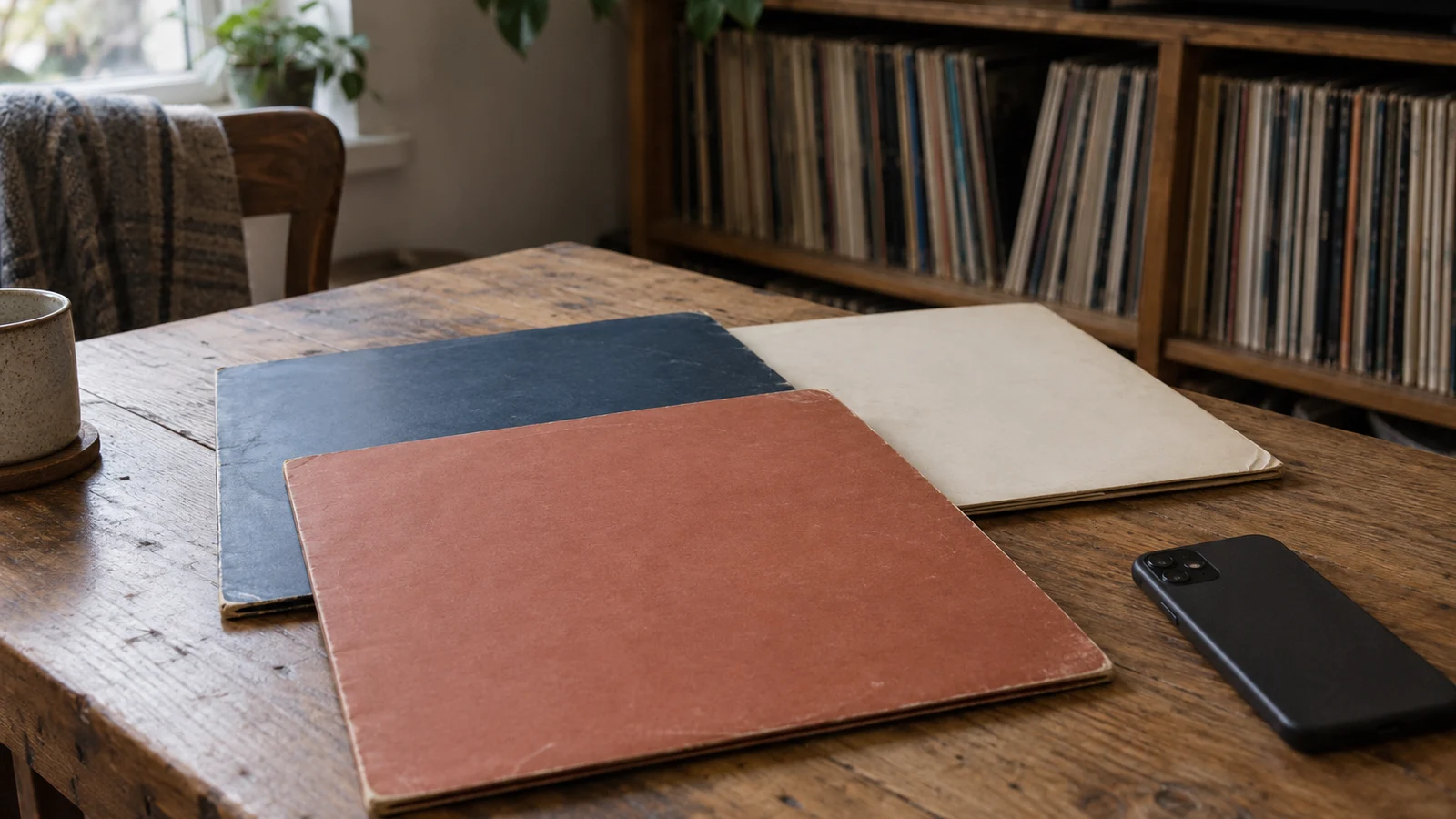 Terracotta, blue, and cream record jackets lie on a wooden table beside a face-down black phone, with record shelves behind them.