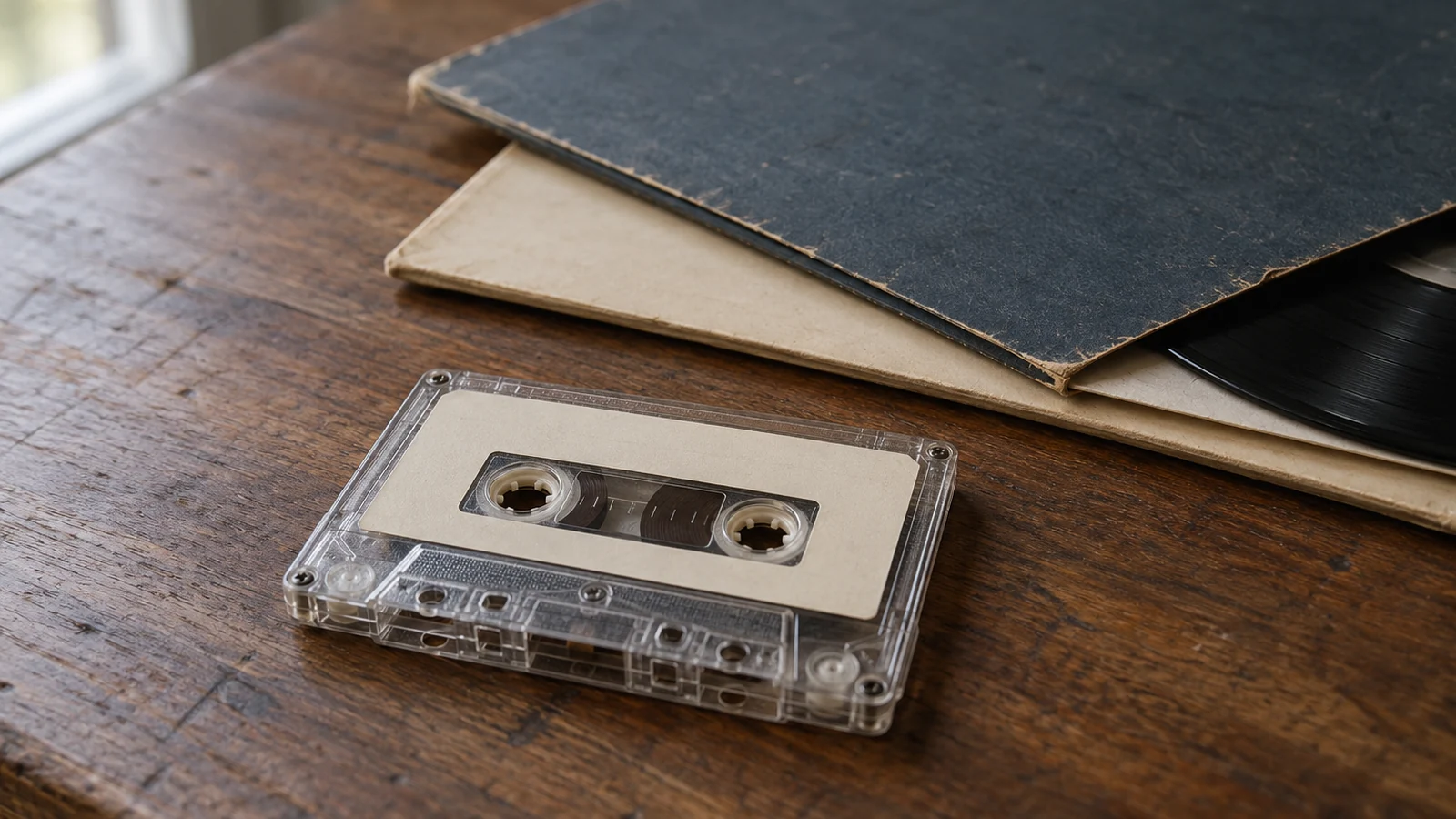 An unlabeled clear cassette rests on a worn wooden table in front of dark and cream record jackets and a partly visible black LP.