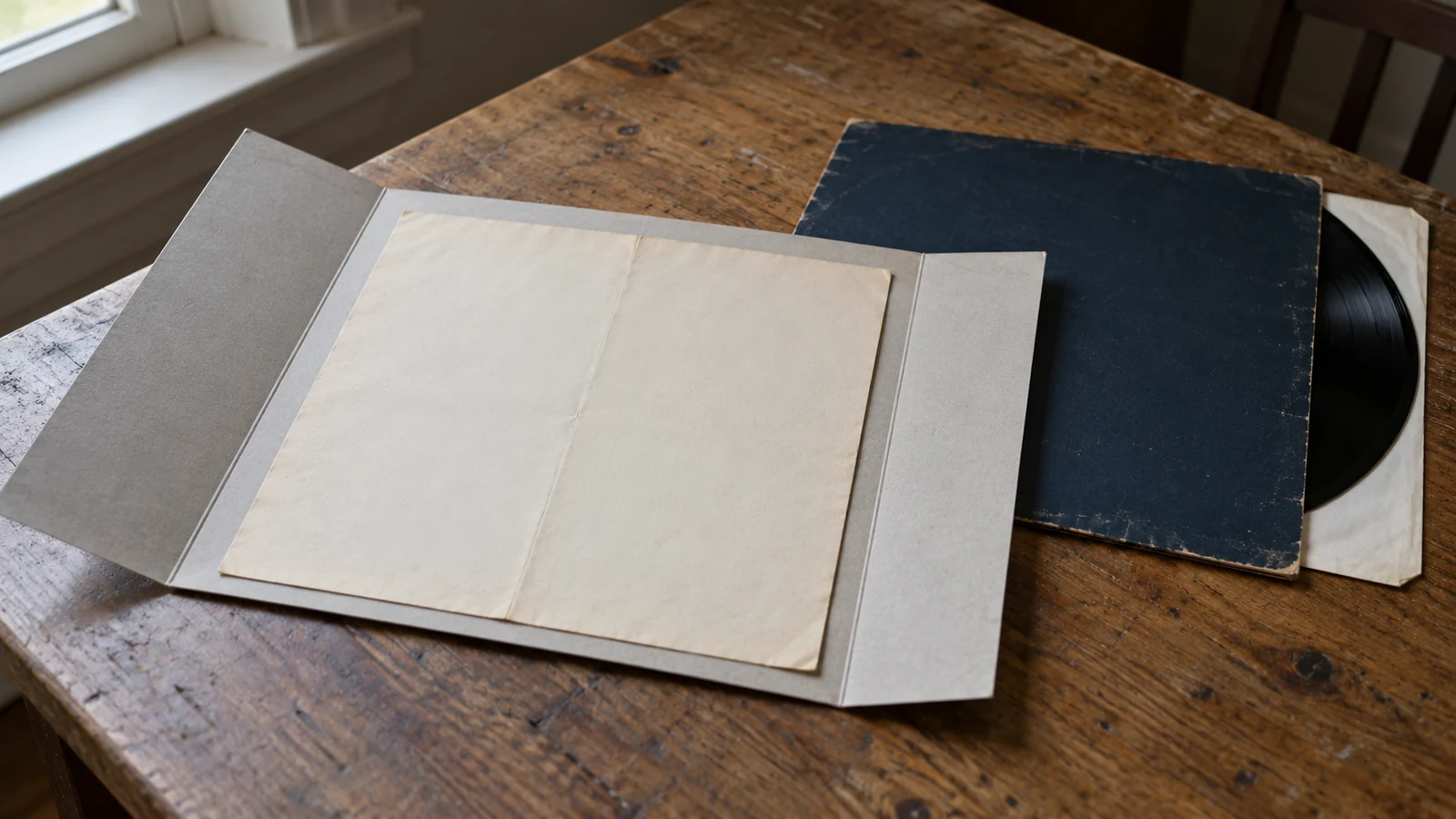 A creased cream paper insert rests in an open gray folder beside a worn navy record jacket and a partly exposed black LP on a wooden table.
