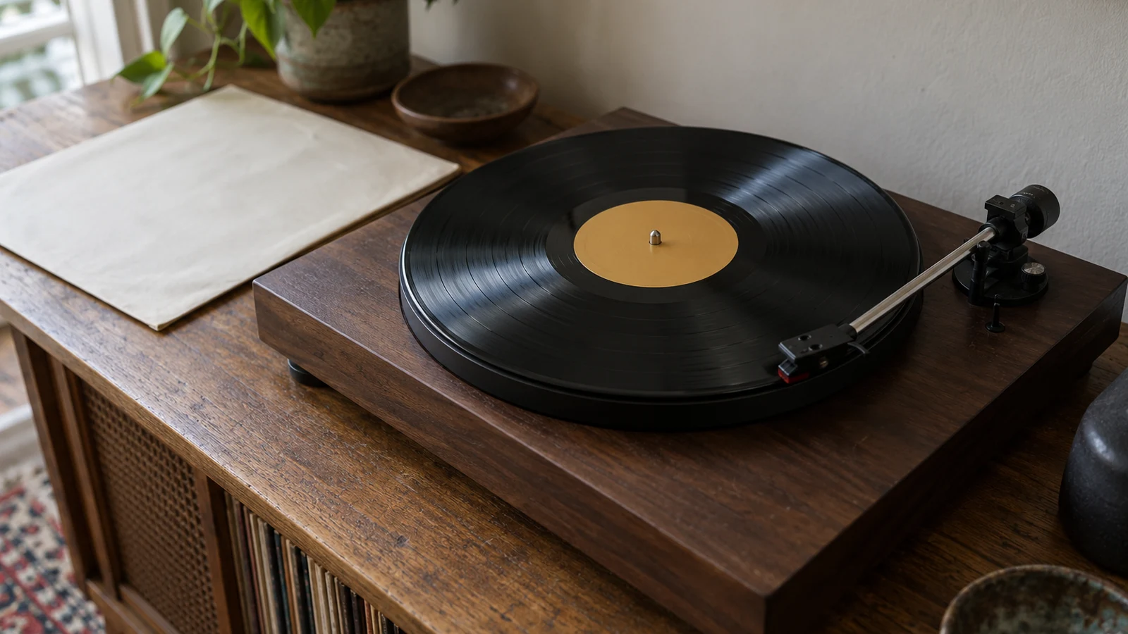 A black LP with a plain ochre label rests on a wooden turntable beside a cream paper sleeve on a cabinet by a window.