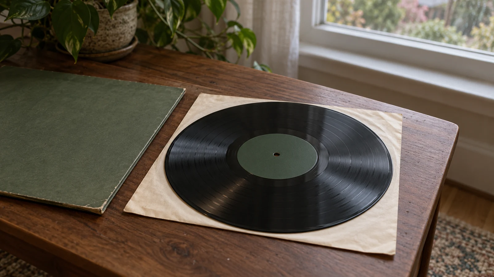 A black LP with a plain green label lies on a cream paper sleeve beside a worn green jacket on a wooden table near a window and houseplant.