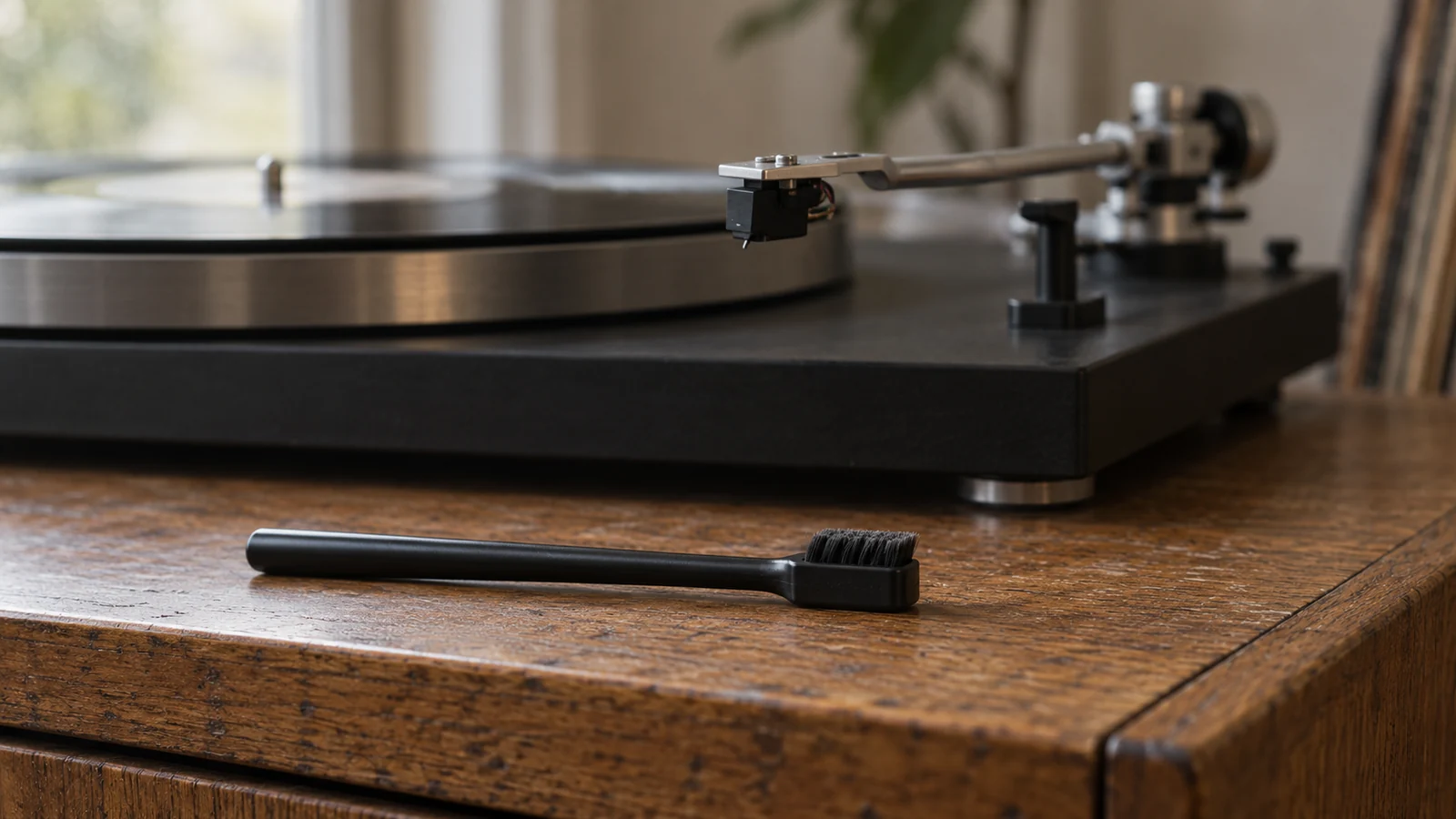 A black stylus brush rests on a worn wooden cabinet in front of a turntable with a silver tonearm and black cartridge.